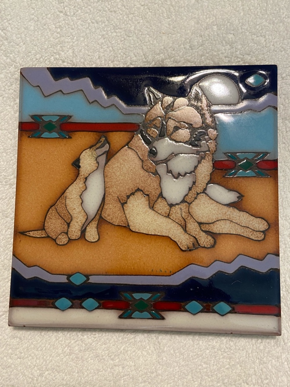 Desert Wolf & Pup Decorative Tile Trivet- Southwest Motif, Turquoise & Tan